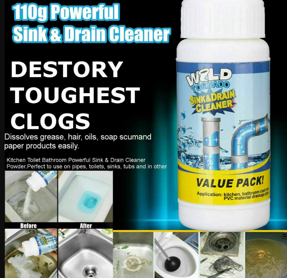 Wild Tornado Powerful Sink & Drain Cleaner High Efficiency - Clog Remover Kitchen Sewer Power Pipe Channel Powder