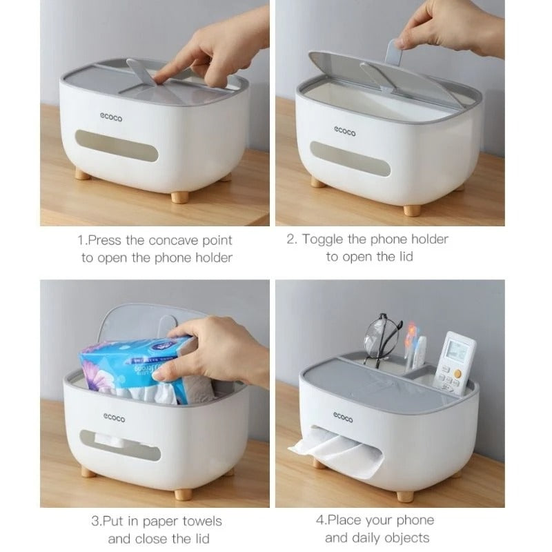 Multifunction Rectangular Tissue Box Cover Holder with Storage – Stylish & Useful!